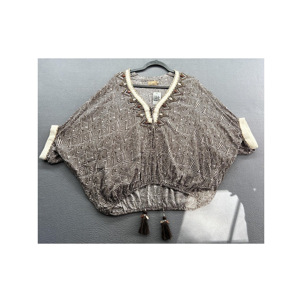 Skemo Shirt Top Women's Small Brown Geometric Shell Embellished Boho Hippie